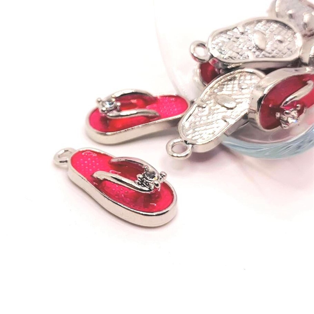 Pink Enamel Flip Flop Sandal 3D Charms with Rhinestone, 23x10mm